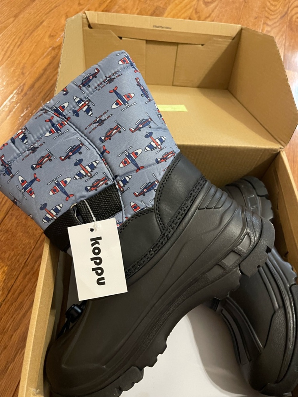 Men's Black Winter Boots with Blue Printed Cuff